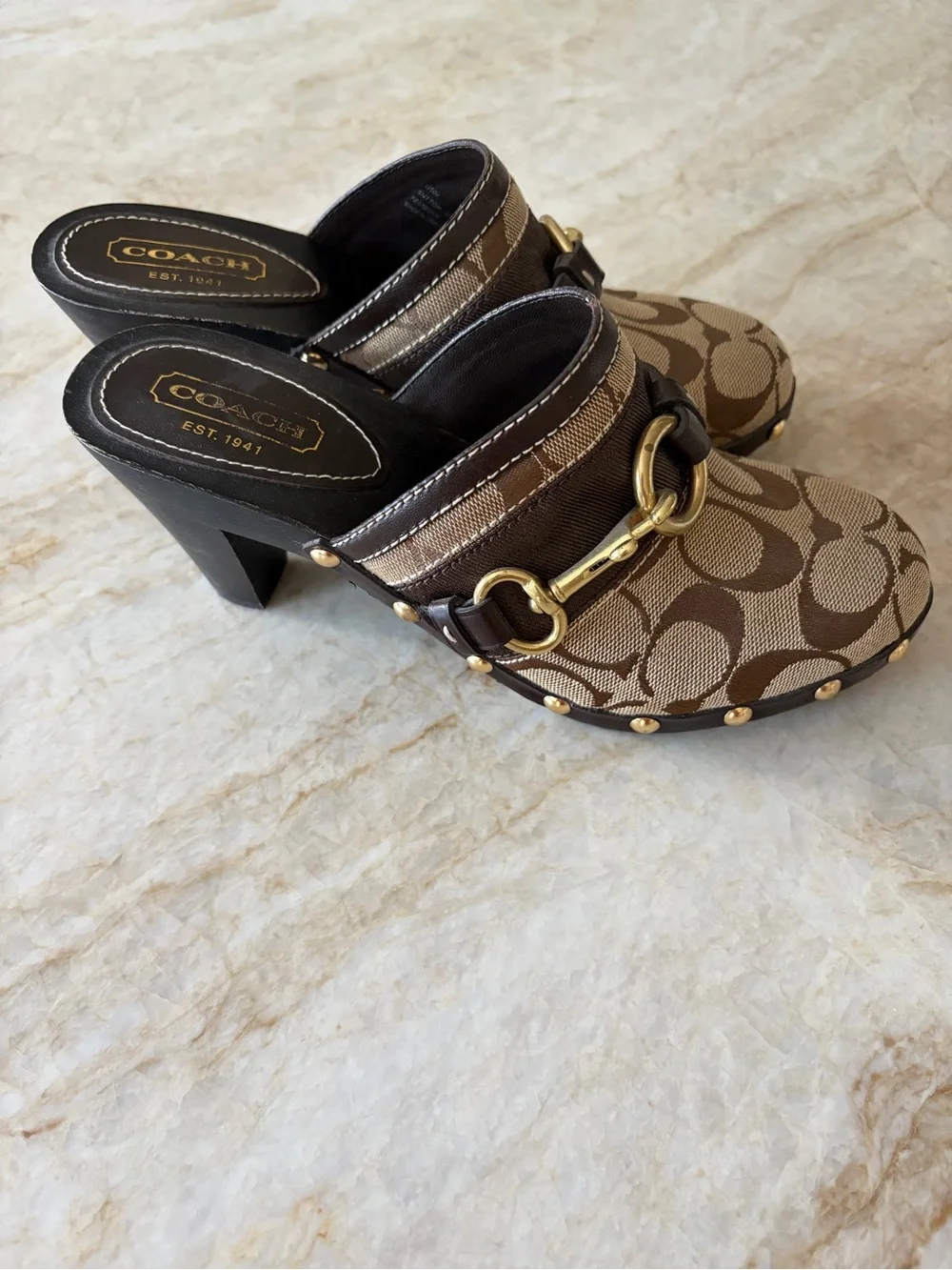 Coach Brown Signature Canvas Bit-Detail Heeled Clogs